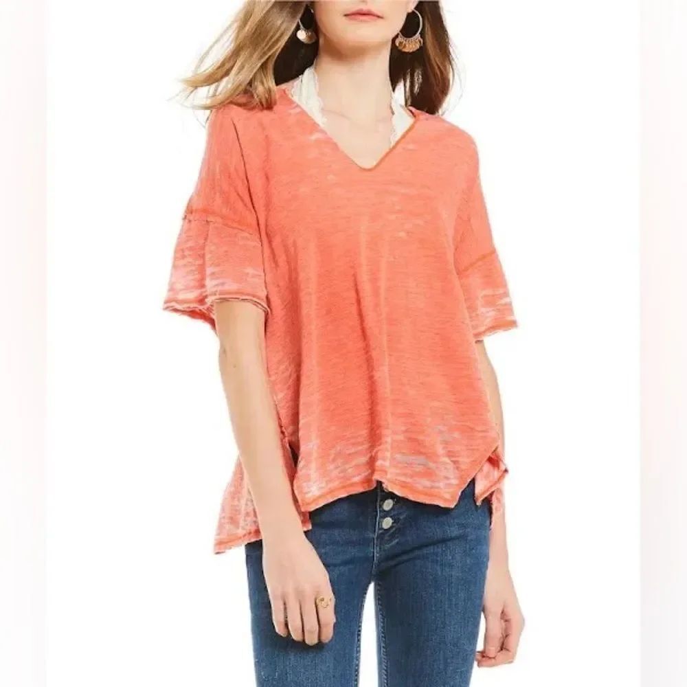 Free People Burnt Orange Maddie Short Sleeve V Neck Top Size XS